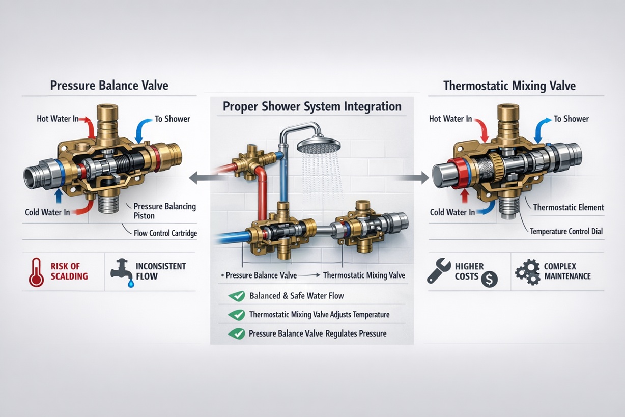 Commercial shower system engineering diagram showing pressure balance and thermostatic valve integration